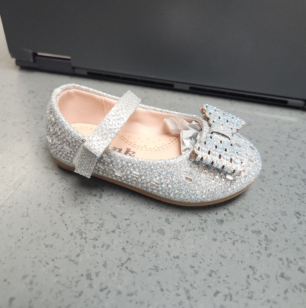 Mary Jane Silver Rhinestone With Bow Flat Comfort Baby Shoe